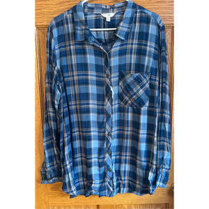 Women's Terra & Sky Plaid Button Down Shirt 2X Blue Beige